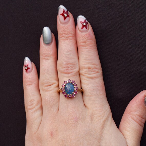 Opal Triplet and Ruby Halo Cluster 9ct Yellow Gol… - image 2