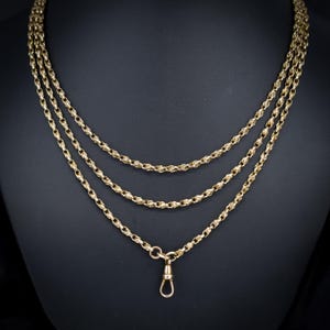 Antique Victorian Fancy Link Rolled Gold Long Guard Muff Chain Necklace with Dog Clip | 55&quot;