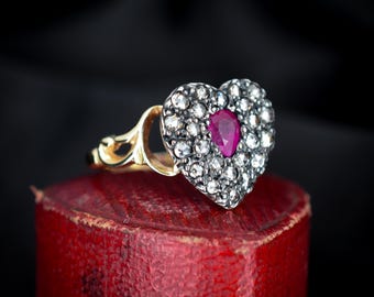 Ruby and Rose cut Diamond Heart 18ct Gold Ring | Antique Style