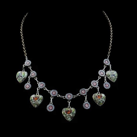 Antique Victorian Micro Mosaic Heart Drop Silver N
