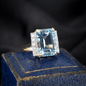 Emerald Cut Blue Topaz and Diamond 9ct Yellow Gold Statement Cocktail Ring | Art Deco Style