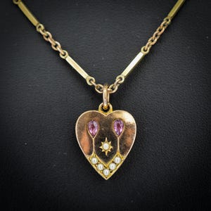 Antique Heart Paste and Pearl Pendant Chain Necklace 16.5&quot;