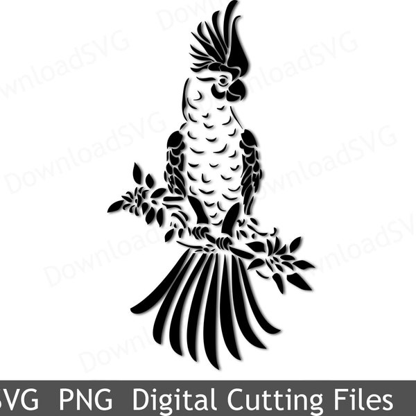 SVG cutting file Kakadu Bird on a Tree Cricut Silhouette Digital Wall Decoration Vinyl Heat Transfer Cards Scrapbooking Zoo Vector