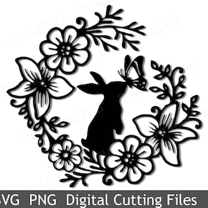 Fichier de coupe SVG lapin papillon en fleur couronne Cricut Silhouette fête décoration vinyle chaleur transfert cartes Scrapbooking Digital 229VR