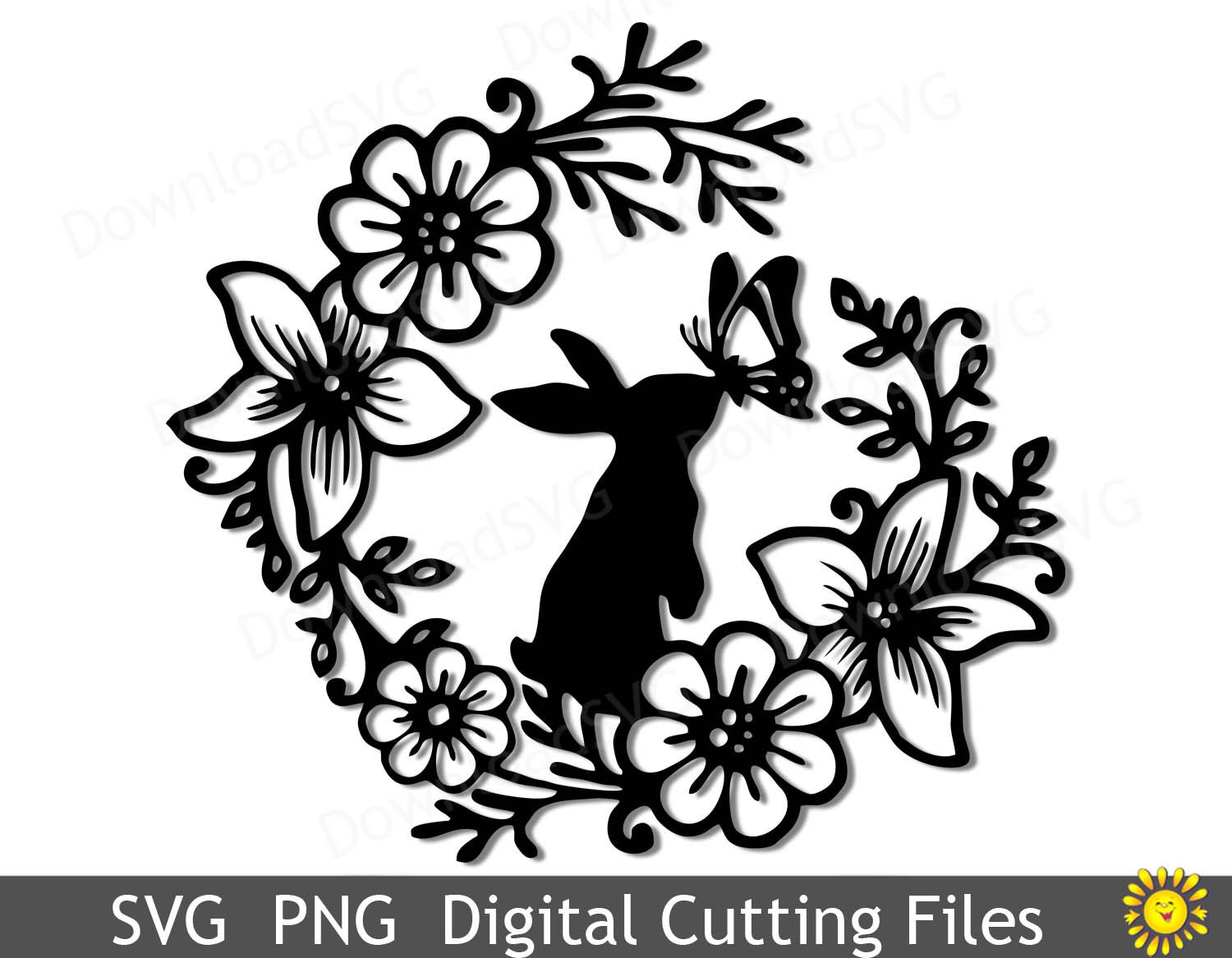 Svg Cutting File Bunny Butterfly In Flower Wreath Cricut Silhouette Digital Party Decoration Vinyl Heat Transfer