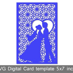 May include: A blue digital card template featuring a silhouette of a couple standing inside a heart shape. The background is a geometric pattern. The card is 5x7 inches.