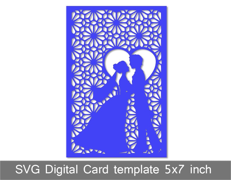 May include: A blue digital card template featuring a silhouette of a couple standing inside a heart shape. The background is a geometric pattern. The card is 5x7 inches.