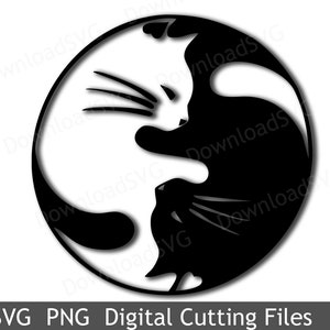 May include: Black and white silhouette of two cats facing each other in a yin yang design.