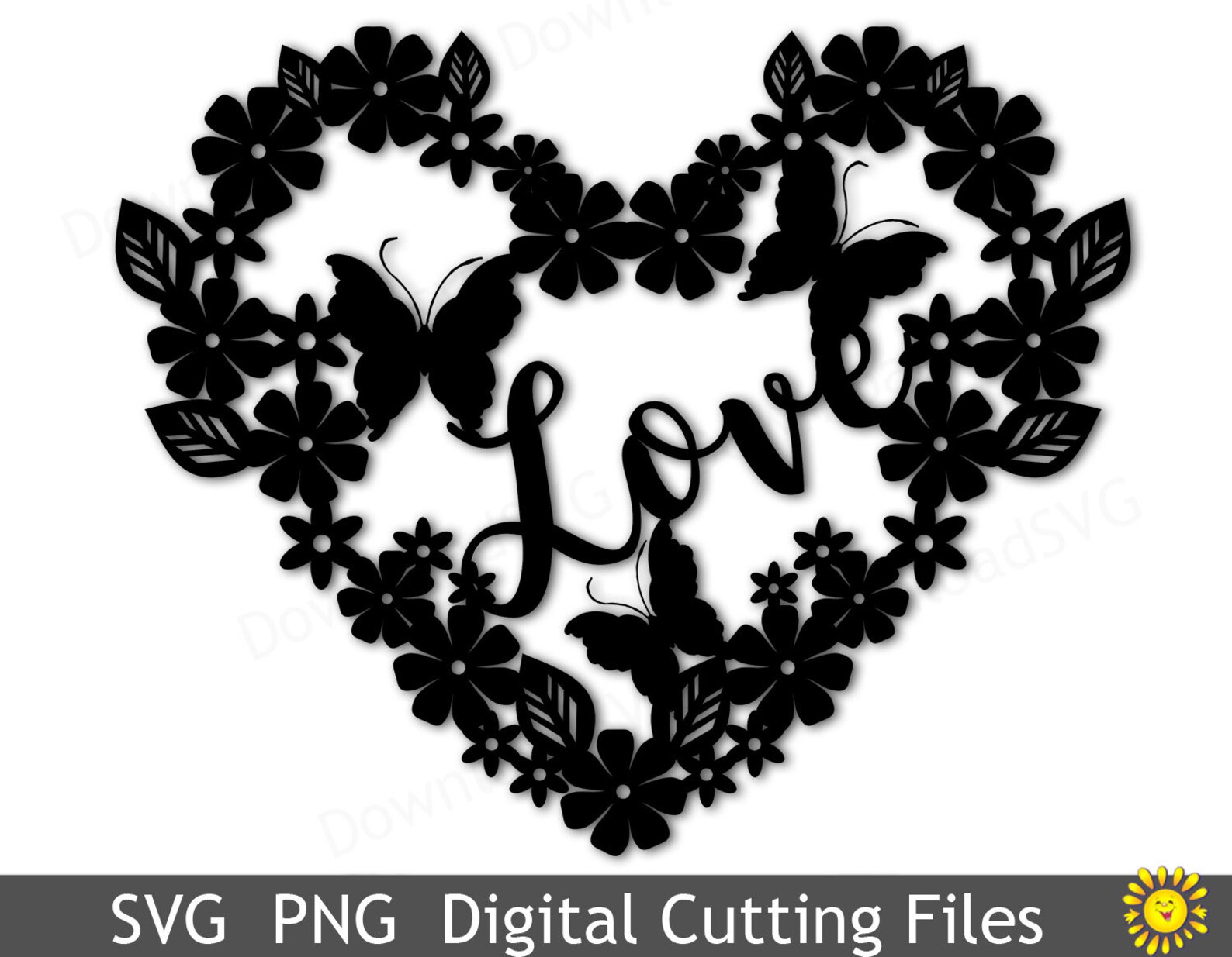SVG cutting file template Heart Love Butterflies Flowers image 0.