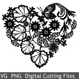 Plantilla de archivo de corte SVG Corazón Tierno Hierba Mariposa Vector Calcomanía Cricut Silueta Decoración Digital Vinilo Tarjetas de transferencia Scrapbooking