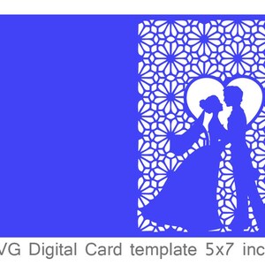 May include: A blue digital card template featuring a couple in silhouette with a heart shape behind them. The template is 5x7 inches and has a geometric pattern.