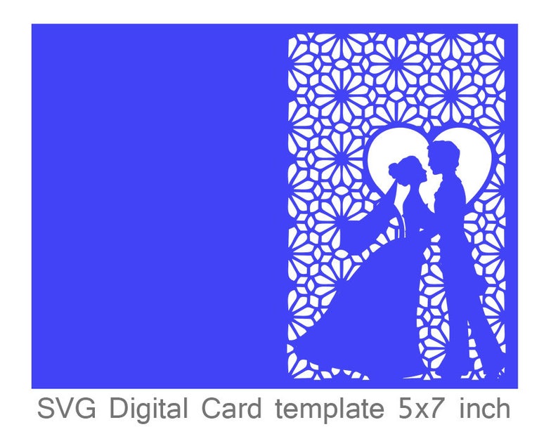 May include: A blue digital card template featuring a couple in silhouette with a heart shape behind them. The template is 5x7 inches and has a geometric pattern.