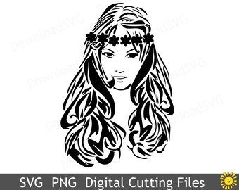 SVG cutting file Young Girl with Long Hairs Cricut Silhouette Digital Wall Decoration Vinyl Heat Transfer Cards Scrapbooking Vector