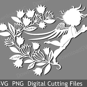 May include: A white silhouette of a fairy with wings, flying over a floral design. The fairy is holding a flower in her hand. The design is perfect for cutting with a Cricut or Silhouette machine.