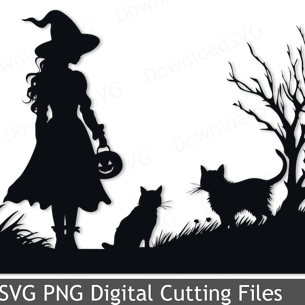 Little Witch and Cats designs SVG Halloween One piece cutting file template Vector Vinyl Transfer Cricut Silhouette Digital Scrapbooking