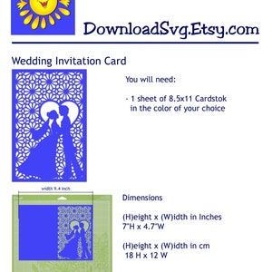 May include: A wedding invitation card template featuring a couple in a heart-shaped frame. The card is 7 inches high by 4.7 inches wide, or 18 cm high by 12 cm wide. The design includes intricate cut-out details and a floral pattern.
