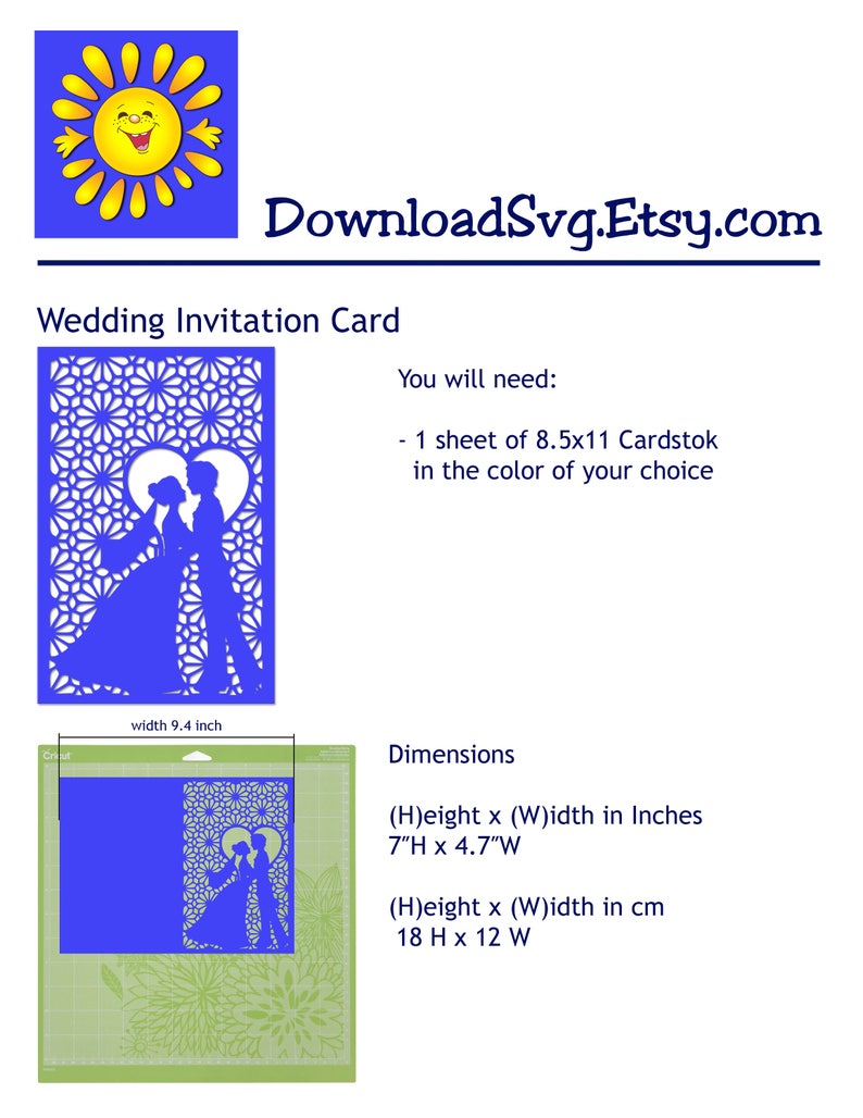 May include: A wedding invitation card template featuring a couple in a heart-shaped frame. The card is 7 inches high by 4.7 inches wide, or 18 cm high by 12 cm wide. The design includes intricate cut-out details and a floral pattern.