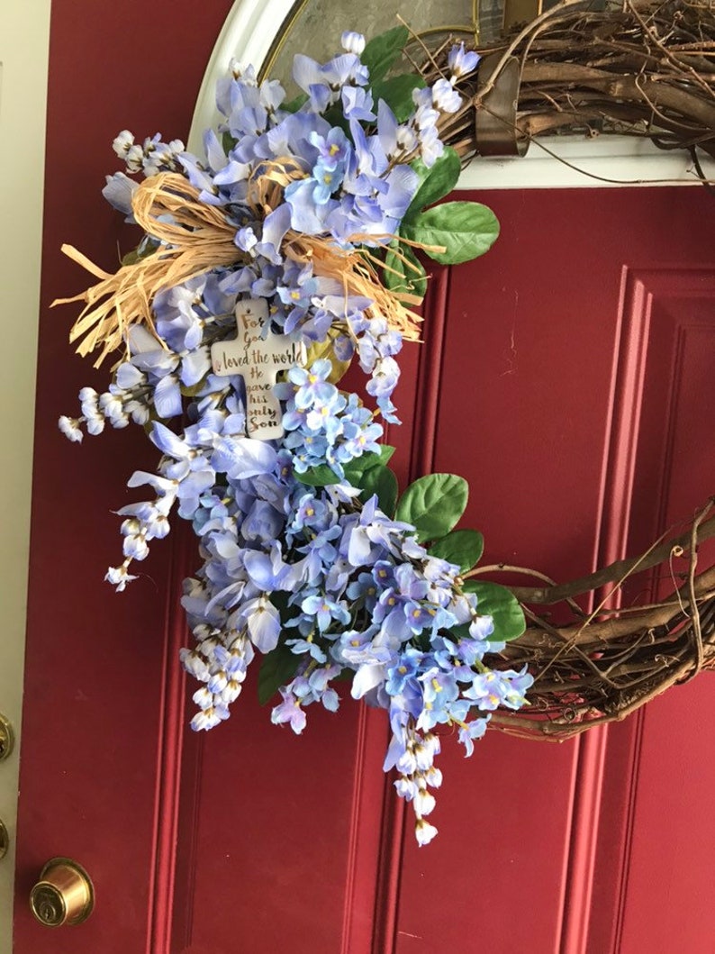 Easter joy For God so loved the world He gave His only Son Spring is here Beautiful Purple flowers with a raffia