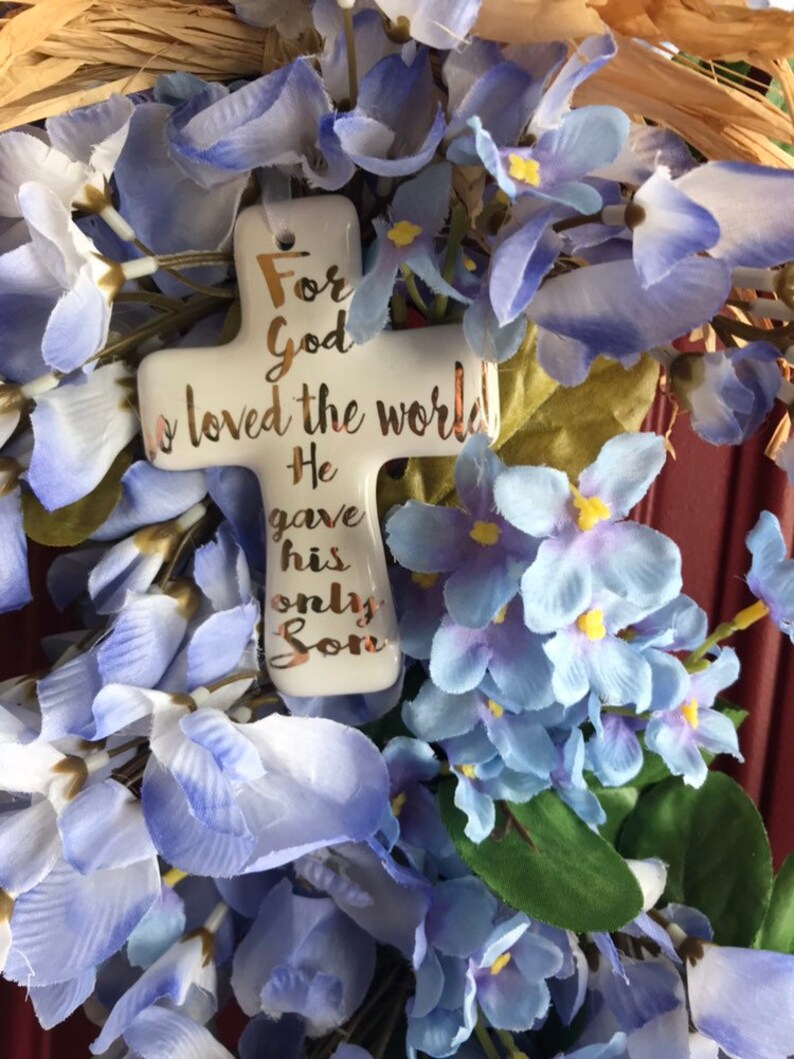 Easter joy For God so loved the world He gave His only Son Spring is here Beautiful Purple flowers with a raffia