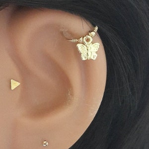 14K Solid Yellow Gold Charm Butterfly Helix Hoops, Cartilage Earring, Lobe Ring Hoop,22g 20g 18g 16g ,Conch Ring, Holiday Gift