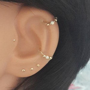 White Opal 2mm 14K Solid Yellow or White or Rose Gold Helix Ring,Thin 24gauge Nose Hoop,24G 22G 20G,October Birthstone