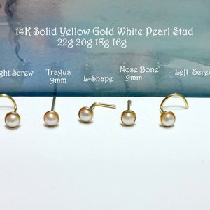 結婚祝い ギフト 14K 純金 ホワイトパール 3mm 鼻、トラガススタッド、22g 20g 18g 16g、鼻ねじ、鼻骨、L字型、右鼻孔、6月の誕生日