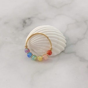Rainbow  Opal 14K Solid Yellow Rose White Gold Nose Ring,Helix,Daith,Conch,Tragus Hoop, 16g 18g 20g 22g 24g, October's Birthstone, CyberSale