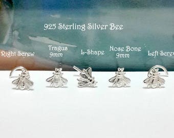 Sterling Silver Bee Nose Stud: 16g 18g 20g 22g Tragus Helix Jewelry