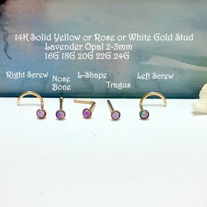 14K ソリッド イエローまたはホワイトまたはローズ ゴールド スタッド ラベンダー オパール 2-3 mm、24G 22G 20G 18G 16G、鼻、耳珠、ヘリックス スタッド、ネジ、鼻骨、L 字型、ギフト