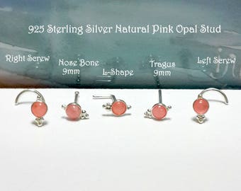 Natural Pink Opal Nose, Tragus,Helix Stud,Silver Nose stud,22g 20g 18g 16g ,Nose Screw,Nose Bone,L-Shaped,Right Nostril,October's Birthstone