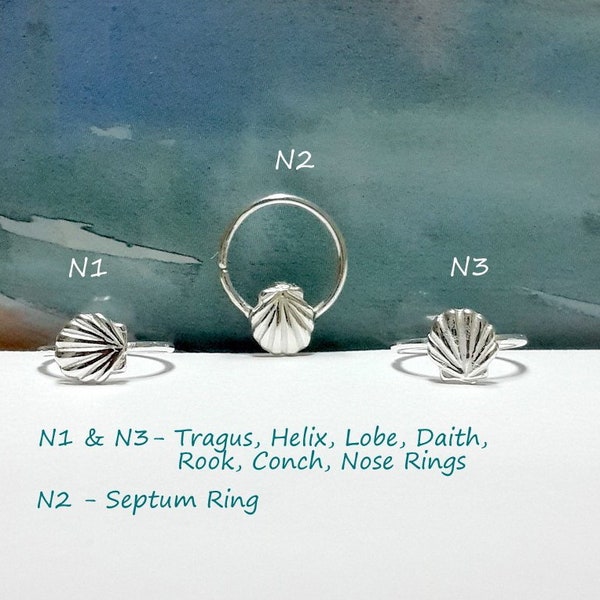 Seashell 14G 16G 18G 20G 22G Sterling Silver helix hoop-tragus ring -lobe- conch-daith- nose-septum piercing-Nautical Jewelry-Christmas Gift