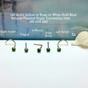 22G 20G 18G 14K Solid Yellow or White or Rose Gold Green Tourmaline 2mm Nose,Tragus,Helix Stud,Nose Screw,Nose Bone, L-Shaped,Mother’s Day