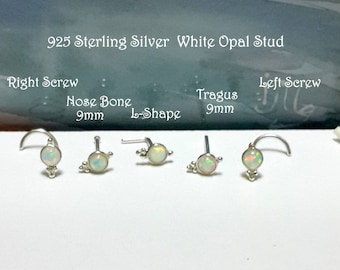 White Opal Sterling Silver Nose Stud: 22g 20g 18g 16g, Tragus Stud