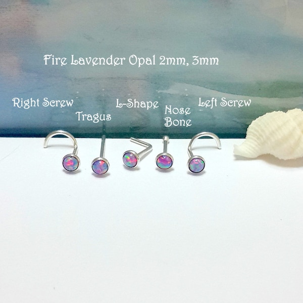 Fire Lavender Opal  2mm, 3mm Nose,Tragus Stud,Sterling Silver Stud,22g 20g 18g 16g,Screw,Nose Bone,L-Shaped,Right Nostril,October's Birthday