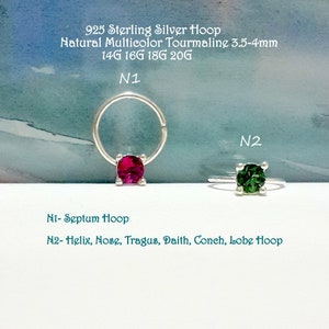 14G 16G 18G 20G  Sterling Silver Natural Multicolor Tourmaline helix hoop-tragus -lob-conch-daith-rook-nose-septum ring- October Birthstone
