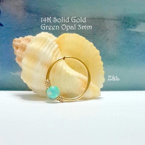 16g 18g 20g 22g 14K ouro amarelo sólido opala verde anel de nariz, brinco de cartilagem, hélice, septo, argola tragus, 7-12 mm de diâmetro, pedra de nascimento de outubro