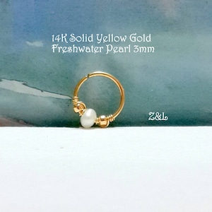 Wedding Gift 16g 18g 20g 22g 14K Solid Gold Freshwater White Pearl Cartilage Earring,Helix Hoop,Tragus, Nose, Conch Hoop,June's Birthstone,