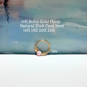 Natural Pink Opal 3mm 14K Solid Yellow Gold  Helix Ring,Cartilage Earring,Nose,Daith, Lobe,Tragus Hoop,16G 18G 20G 22G,October's Birthstone,