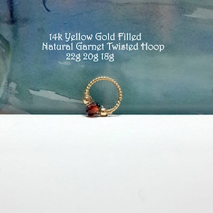 Natural Garnet 14K Yellow Gold Filled Twisted Helix Hoop,22g 20g 18g 16g,Tragus,Nose Ring,Cartilage Hoop,Twisted Ring,Gemstone Sharm Jewelry