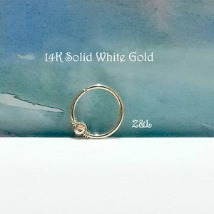 16G 18g 20g 22g 14K Solid White Gold Bead Cartilage Hoop-Helix Piercing- Gold Tragus- Nose Hoop- Tiny Gold Septum Hoop-Black Friday-Sale