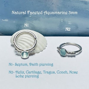 14G 16G 18G 20G 22G Sterling Silver Gemstone Aquamarine septum hoop-helix-tragus-conch-daith-nose-Natural stones septum piercin-Black Friday