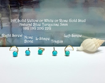 Gold Nose Stud Natural Blue Turquoise 14K Solid Gold Stud,22g 20g 18g 16g,SilverScrew,Nose Bone,L-Shaped, December's Birthstone,Holiday Gift