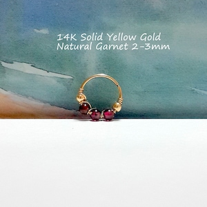20g 22g 24g 14K Solid  Gold Natural Garnet 2-3mm Beads, Helix ,Cartilage Ring,Nose,Tragus Hoop,January's Birthstone,Valentine's Day