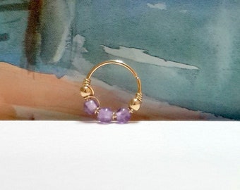 16g 18g 20g 22g 14K Solid Gold Natural Amethyst 2-3mm Beads,Helix,Cartilage Ring,Nose,Tragus Hoop,February's Birthstone,Raw Gemstone Jewelry