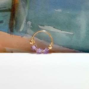 16g 18g 20g 22g 14K Solid Gold Natural Amethyst 2-3mm Beads,Helix,Cartilage Ring,Nose,Tragus Hoop,February's Birthstone,Raw Gemstone Jewelry