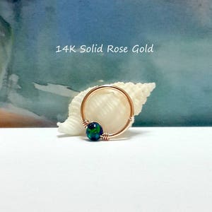 16g 18g 20g 22g 14K Solid Rose Gold Fire Opal 3mm Nose Ring,Cartilage Earring,Helix,Septum ,Tragus Hoop, October's Birthstone, Holiday Gifts