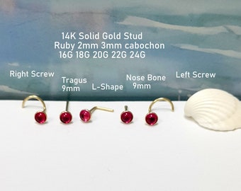 Ruby 2-3mm 14K Solid Yellow White Rose Gold Stud,24G 22G 20G 18G 16G,Nose,Tragus,Helix Stud,Screw,Nose Bone,July's Birthstone,Christmas Gift