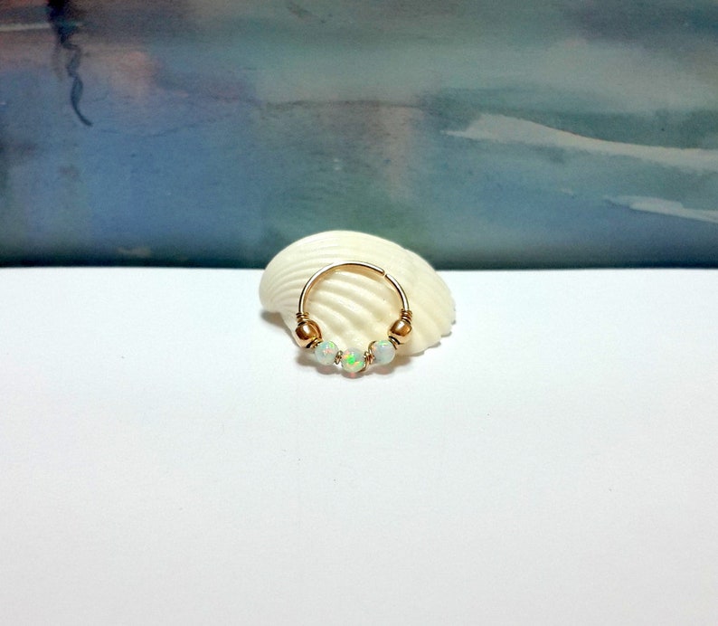Tiny Opal Nose Ring 24G 22G 20G 18G 16G White Opal 14K Solid Gold Helix Hoop,Thin 24gauge Nose,Tragus Hoop,October/'s Birthstone,Jewelry Gift