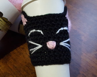 Black Cat Coffee Cup Cozy, Crochet Cup Sleeve, Gift For Her, Unique Gift, Coffee Cozy, Cat Lover Gift, Cat Cozy, Gift For Him, Cute Present