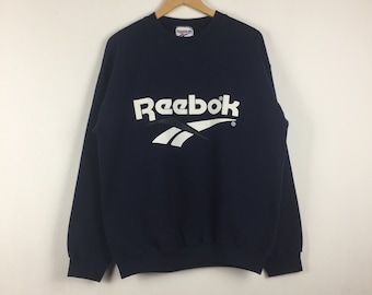 Sudadera Reebok vintage de los 90 para hombre, talla grande, con logo grande, fabricada en EE. UU., jersey vintage de cuello redondo, azul marino oscuro, ropa deportiva informal, jersey deportivo.
